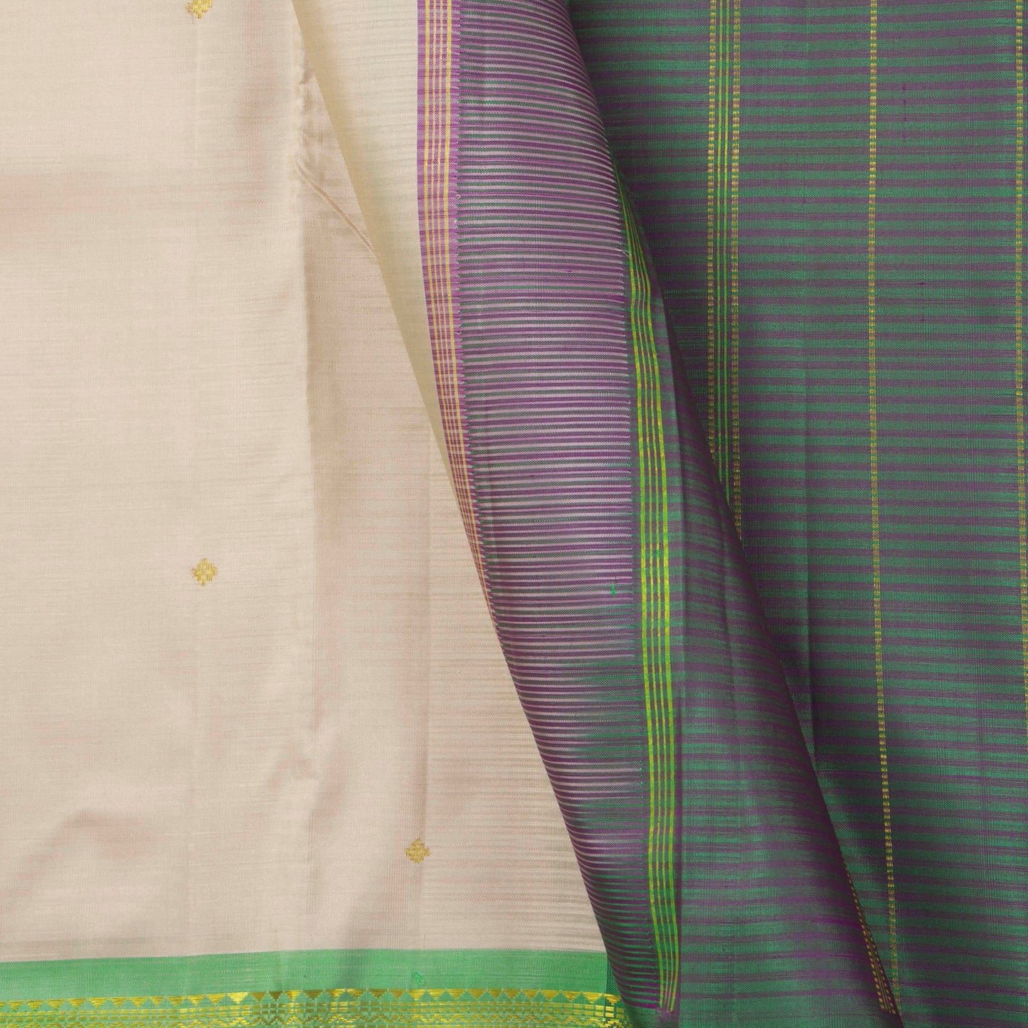 Off White And Green Kanchipuram Silk Saree For Festive Wear PV NYC 1330