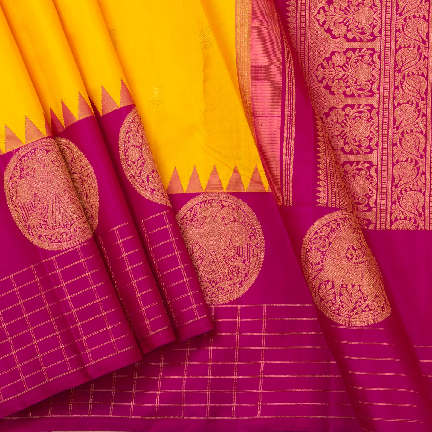 Yellow And Magenta Kanchipuram Silk Saree For Wedding Wear PV NYC 1300