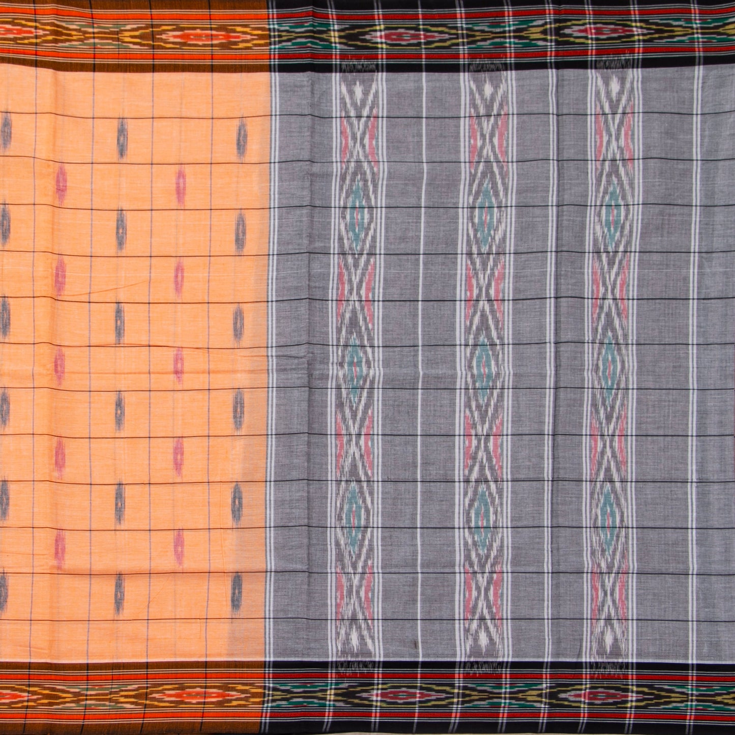 Peach, Maroon And Grey Pochampally Ikkat Cotton Saree For Office Wear PV SC 210
