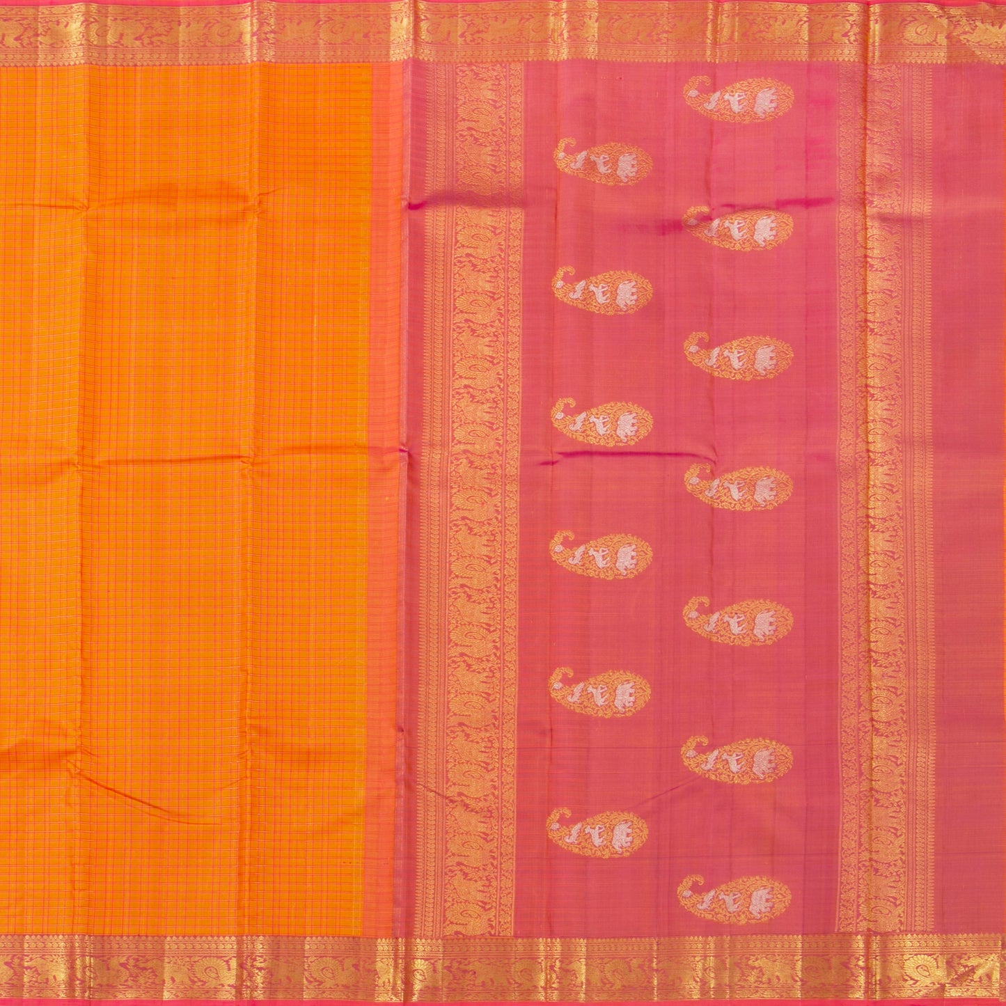 Orange And Pink Kanchipuram Silk Saree For Wedding Wear PV NYC 1334