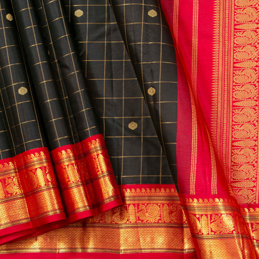 Black And Red Kanchipuram Silk Saree For Office Wear PV MEN 186