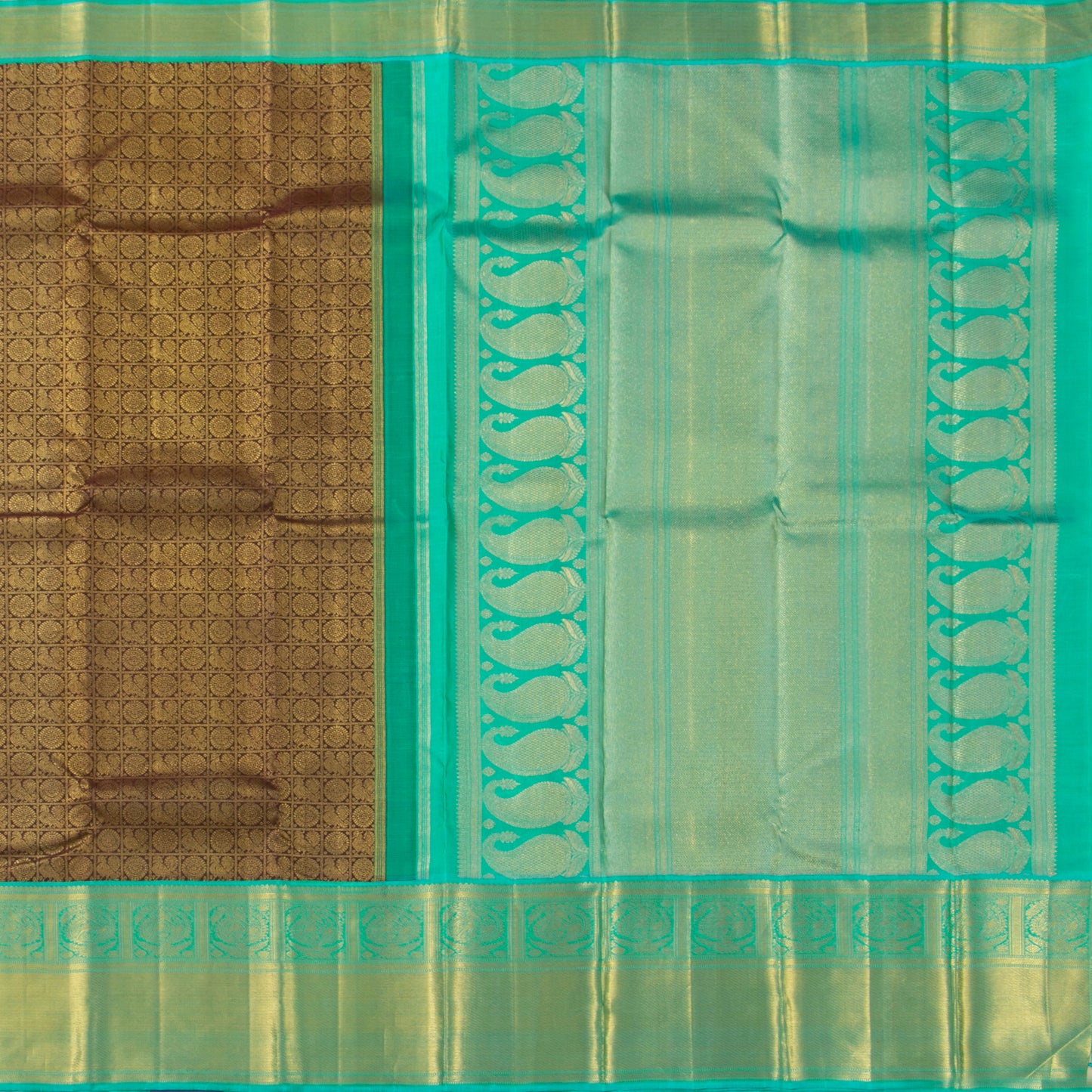 Brown And Sea Green Kanchipuram Silk Saree For Wedding Wear PV NYC 1366