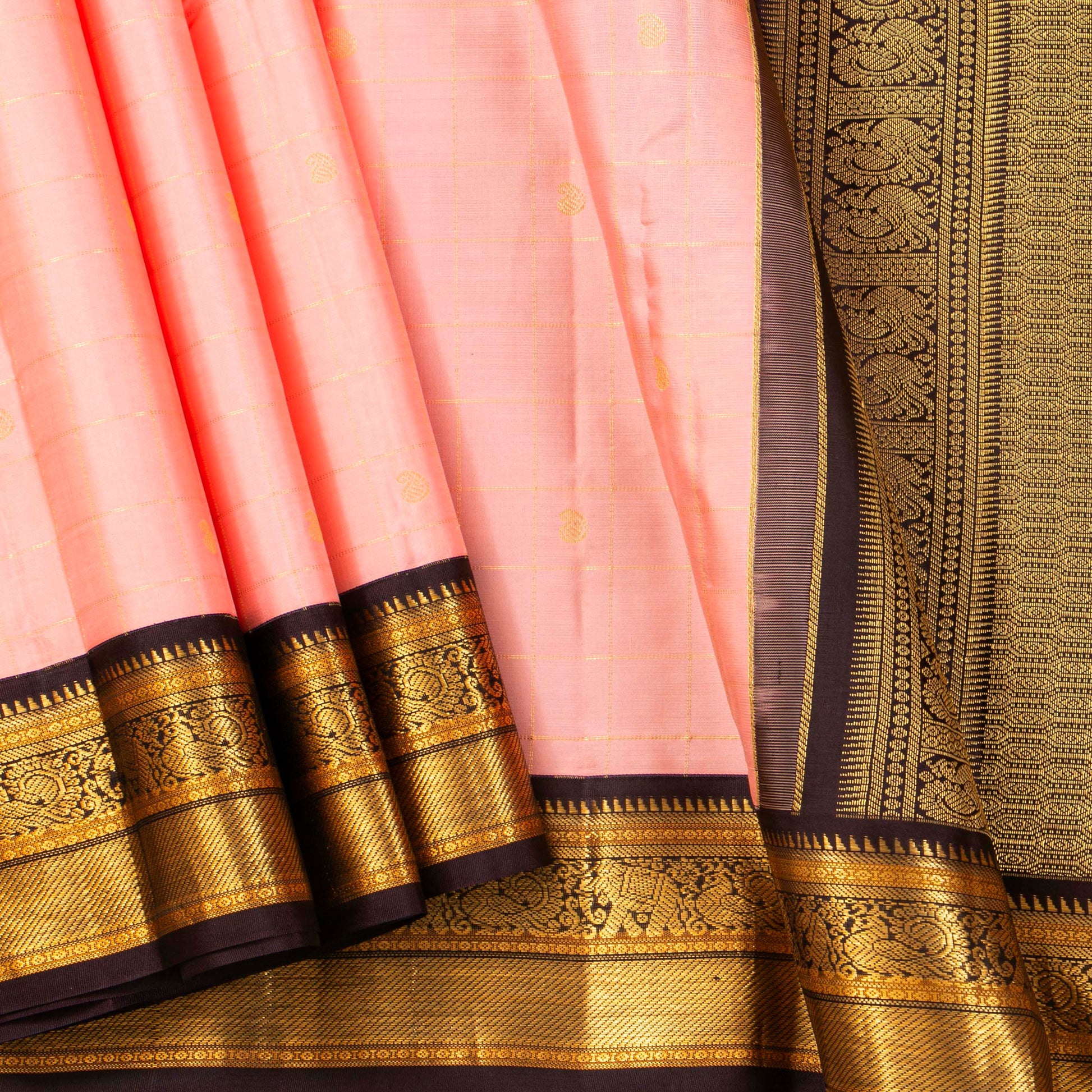 Pastel Pink And Coffee Brown Kanchipuram Silk Saree For Festive Wear PV MEN 184 - - Panjavarnam PV MEN 184