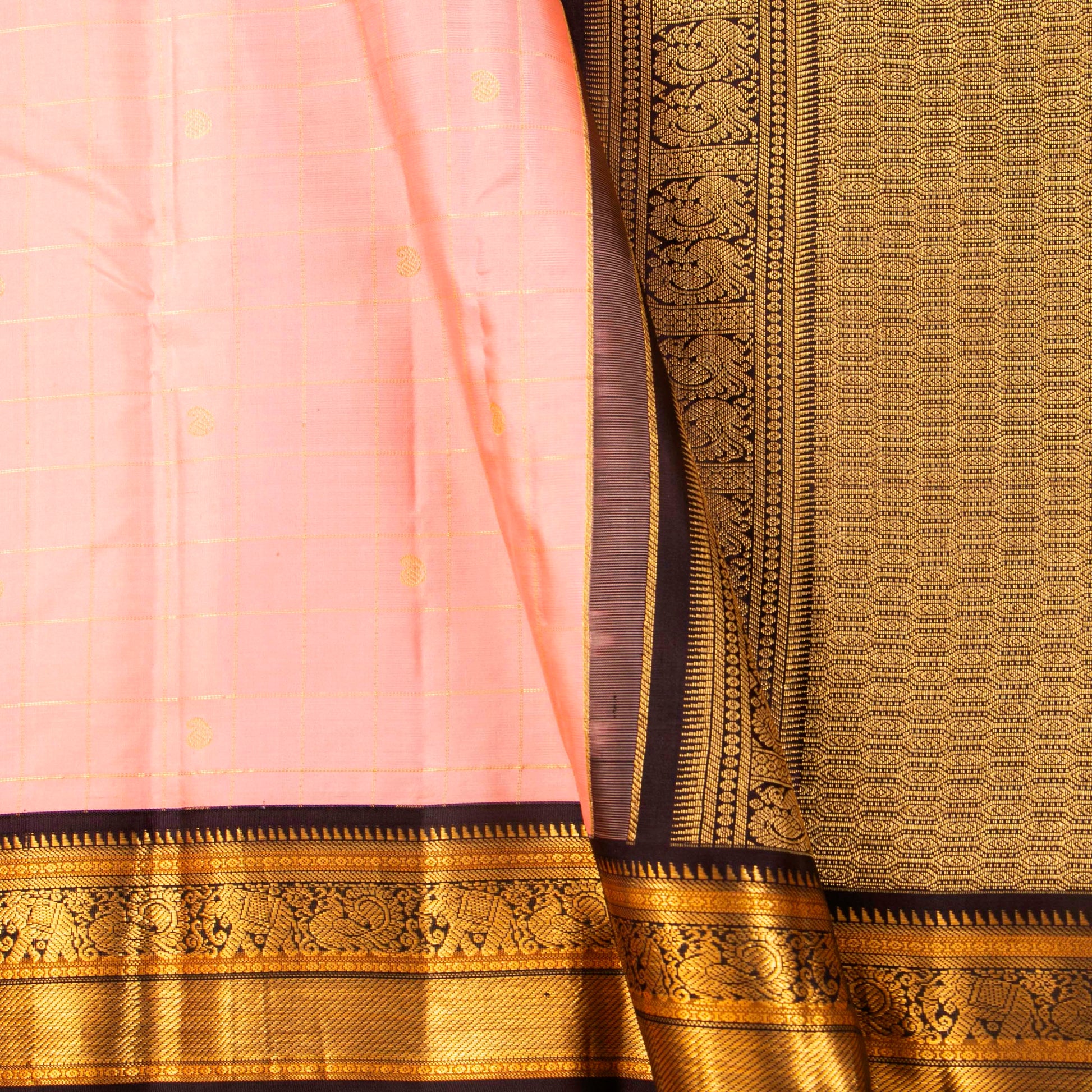 Pastel Pink And Coffee Brown Kanchipuram Silk Saree For Festive Wear PV MEN 184 - - Panjavarnam PV MEN 184