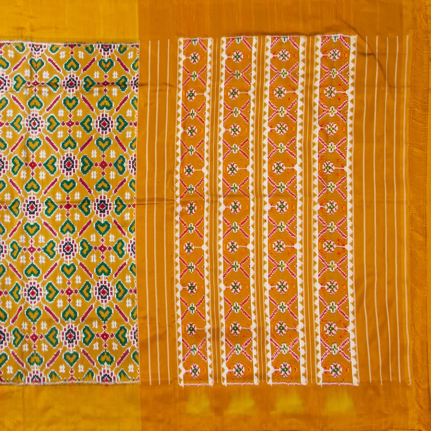 Mustard And Yellow Double Ikkat Pochampally Silk Saree For Festive Wear PIK 384