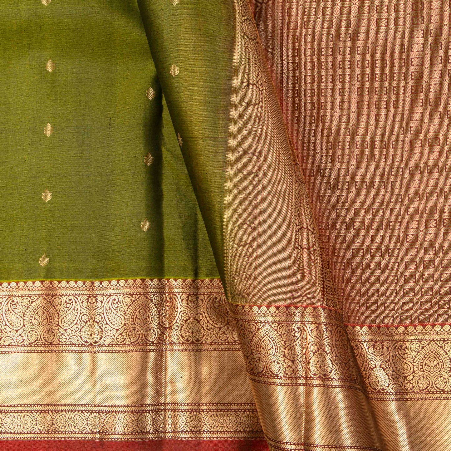 Green And Rust Kanchipuram Silk Saree For Festive Wear PV MEN 203