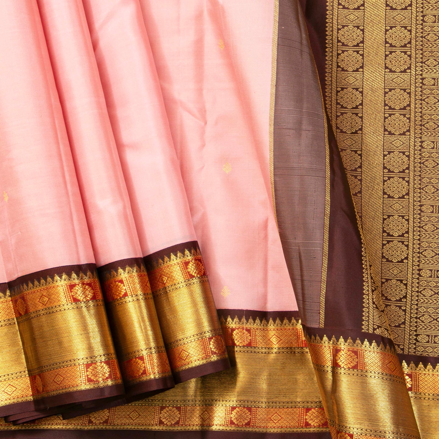 Baby Pink And Brown Kanchipuram Silk Saree For Festive Wear PV MEN 201 - Silk Sari - Panjavarnam PV MEN 201