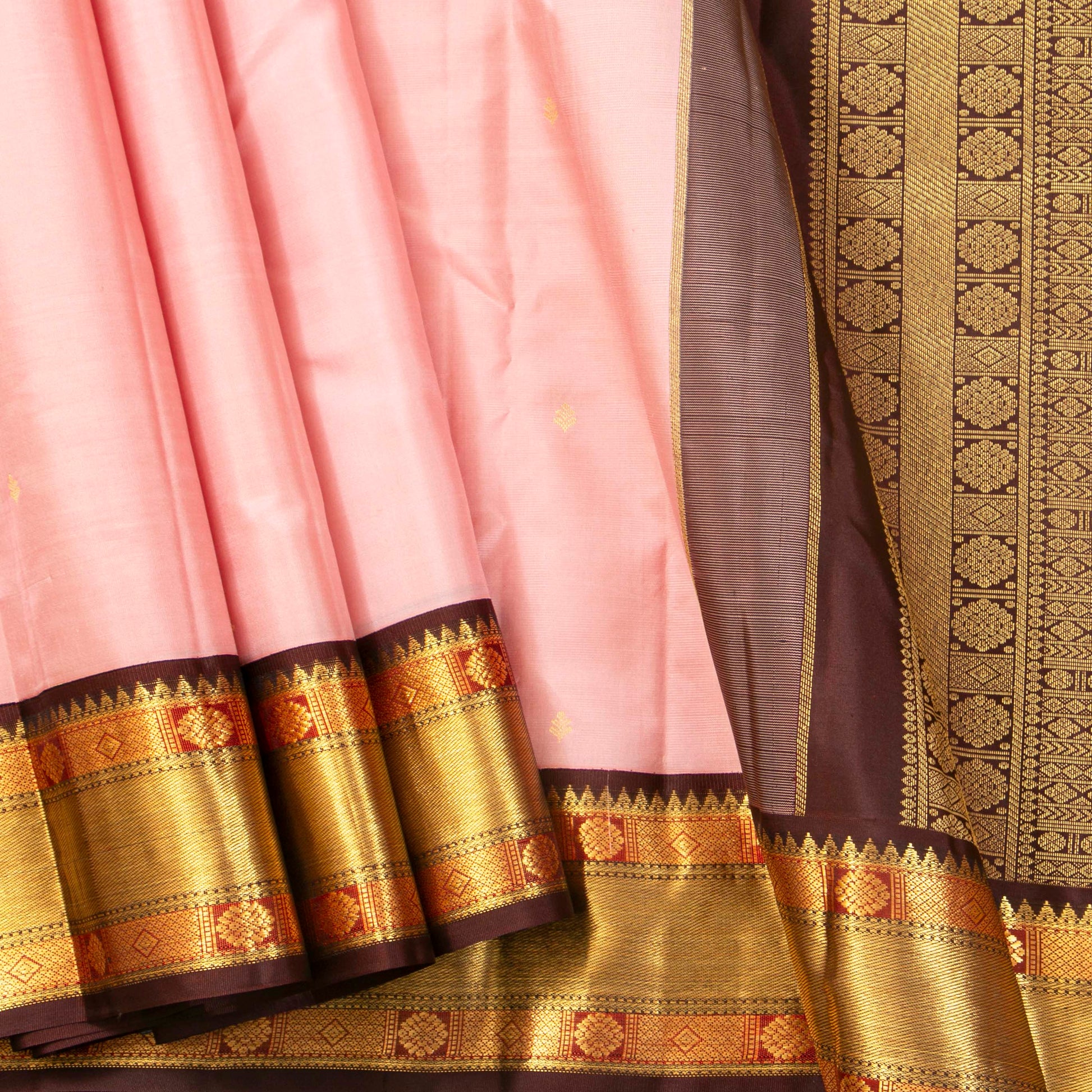 Baby Pink And Brown Kanchipuram Silk Saree For Festive Wear PV MEN 201 - Silk Sari - Panjavarnam PV MEN 201