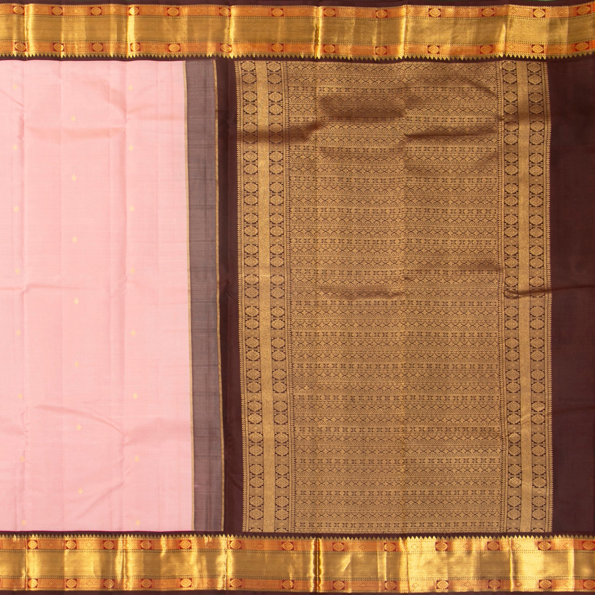 Baby Pink And Brown Kanchipuram Silk Saree For Festive Wear PV MEN 201 - Silk Sari - Panjavarnam PV MEN 201
