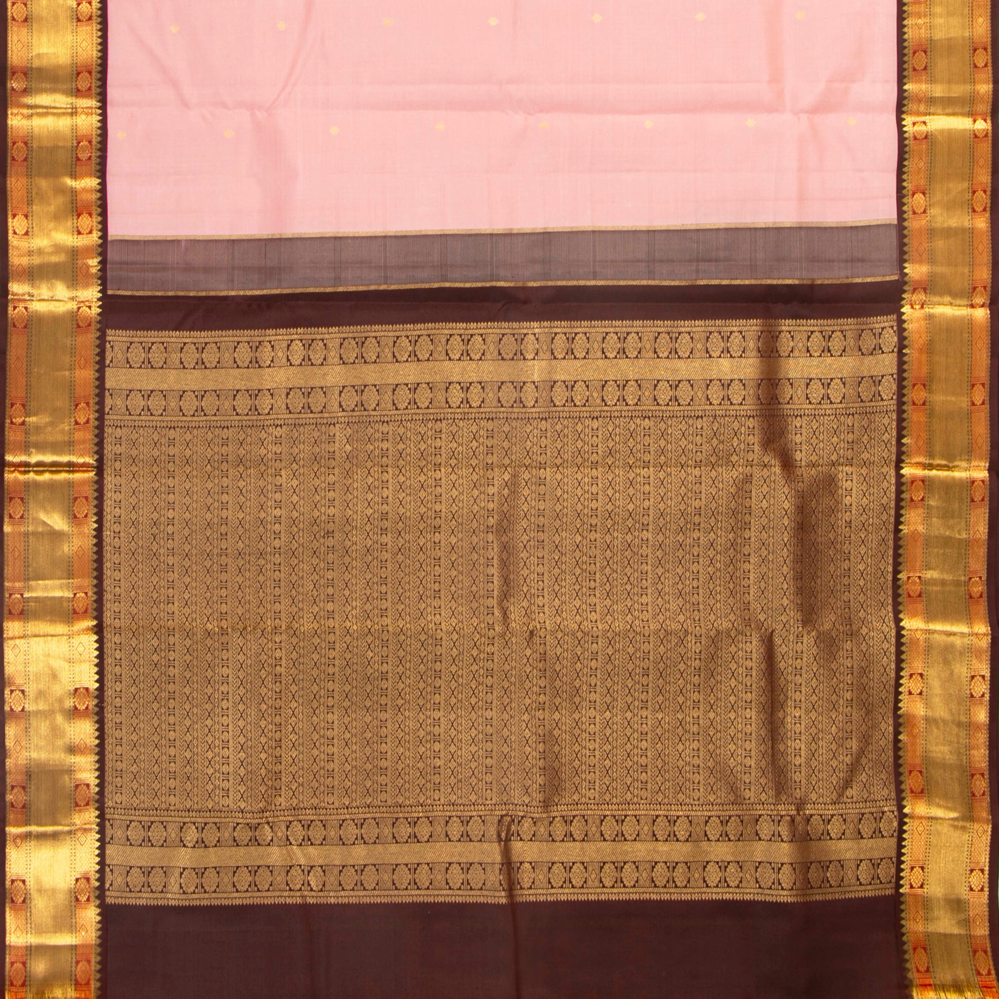 Baby Pink And Brown Kanchipuram Silk Saree For Festive Wear PV MEN 201 - Silk Sari - Panjavarnam PV MEN 201