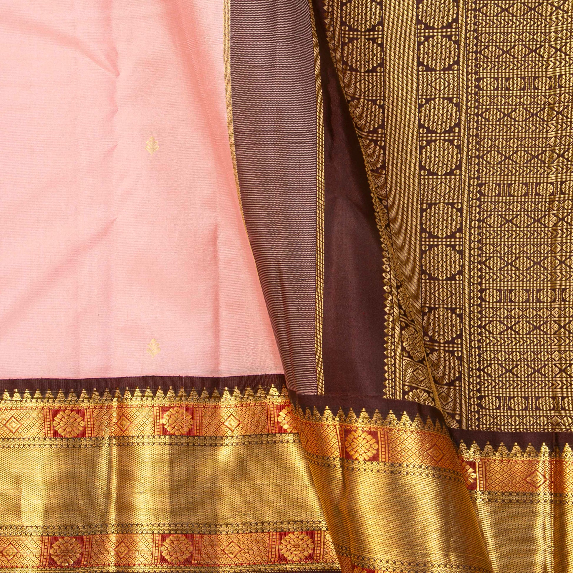 Baby Pink And Brown Kanchipuram Silk Saree For Festive Wear PV MEN 201 - Silk Sari - Panjavarnam PV MEN 201
