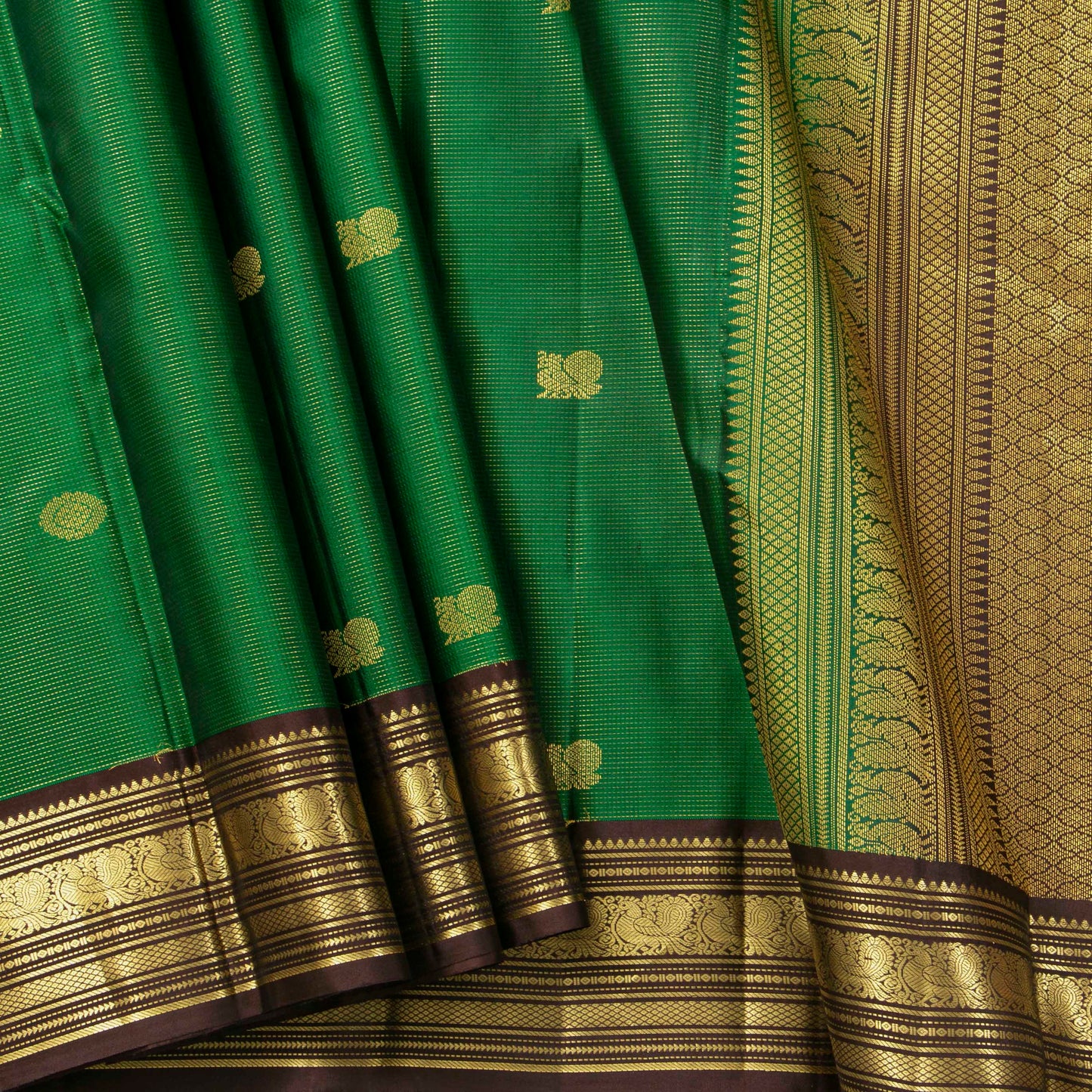 Green And Brown Kanchipuram Silk Saree With Zari Stripes For Wedding Wear PV MEN 198 - Silk Sari - Panjavarnam PV MEN 198