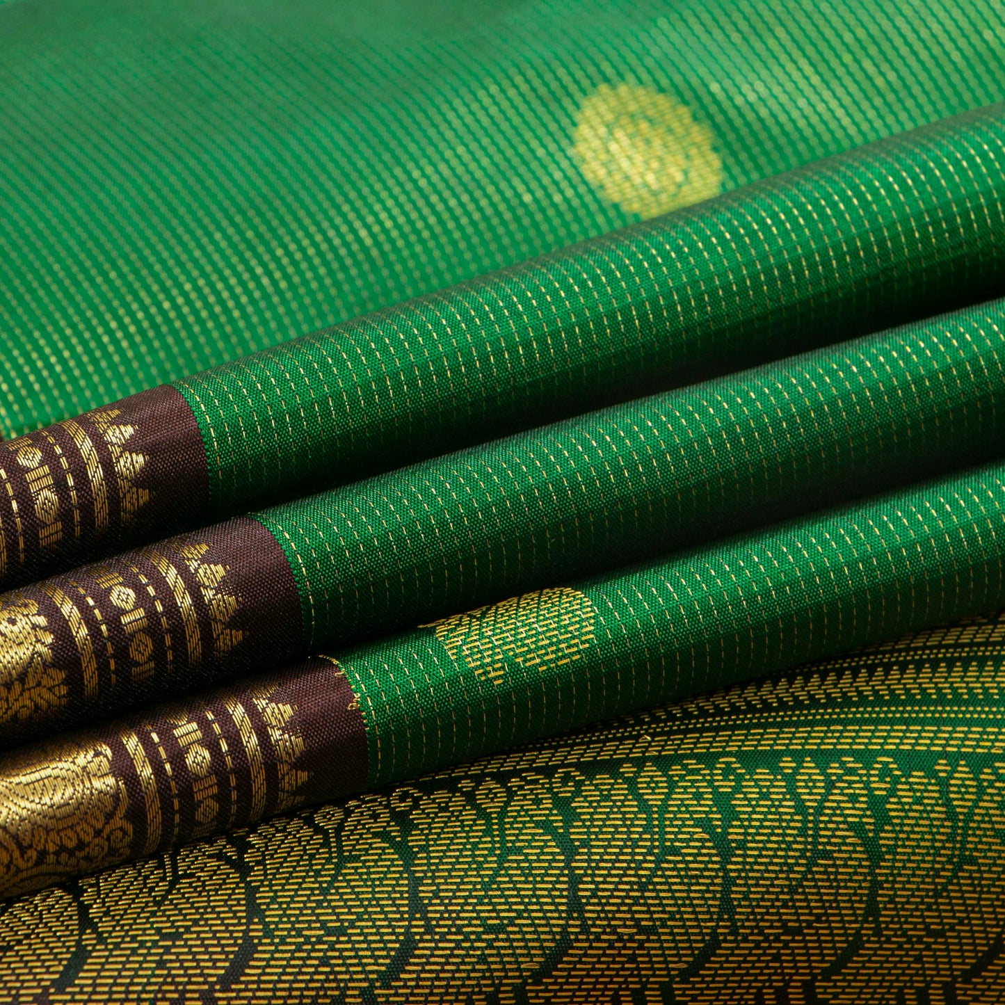 Green And Brown Kanchipuram Silk Saree With Zari Stripes For Wedding Wear PV MEN 198 - Silk Sari - Panjavarnam PV MEN 198