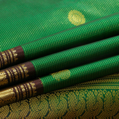 Green And Brown Kanchipuram Silk Saree With Zari Stripes For Wedding Wear PV MEN 198 - Silk Sari - Panjavarnam PV MEN 198