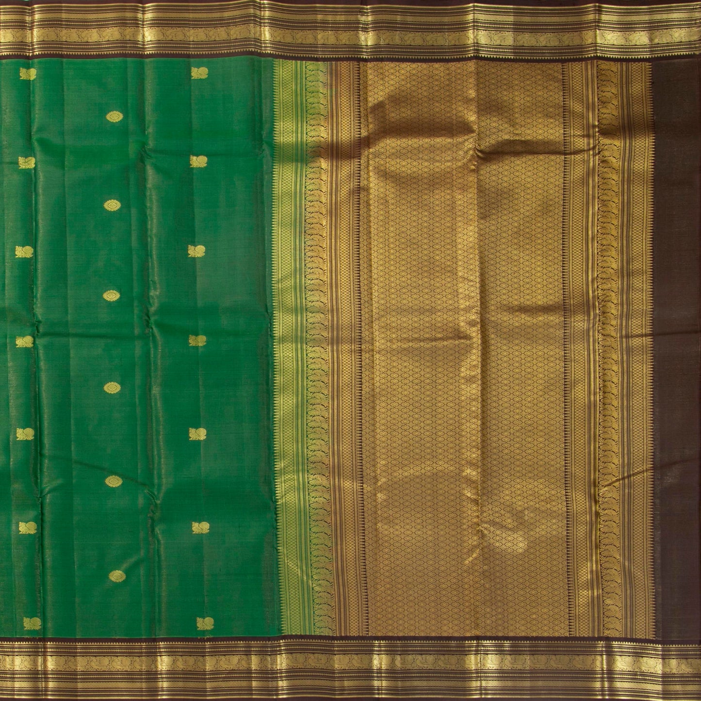 Green And Brown Kanchipuram Silk Saree With Zari Stripes For Wedding Wear PV MEN 198 - Silk Sari - Panjavarnam PV MEN 198