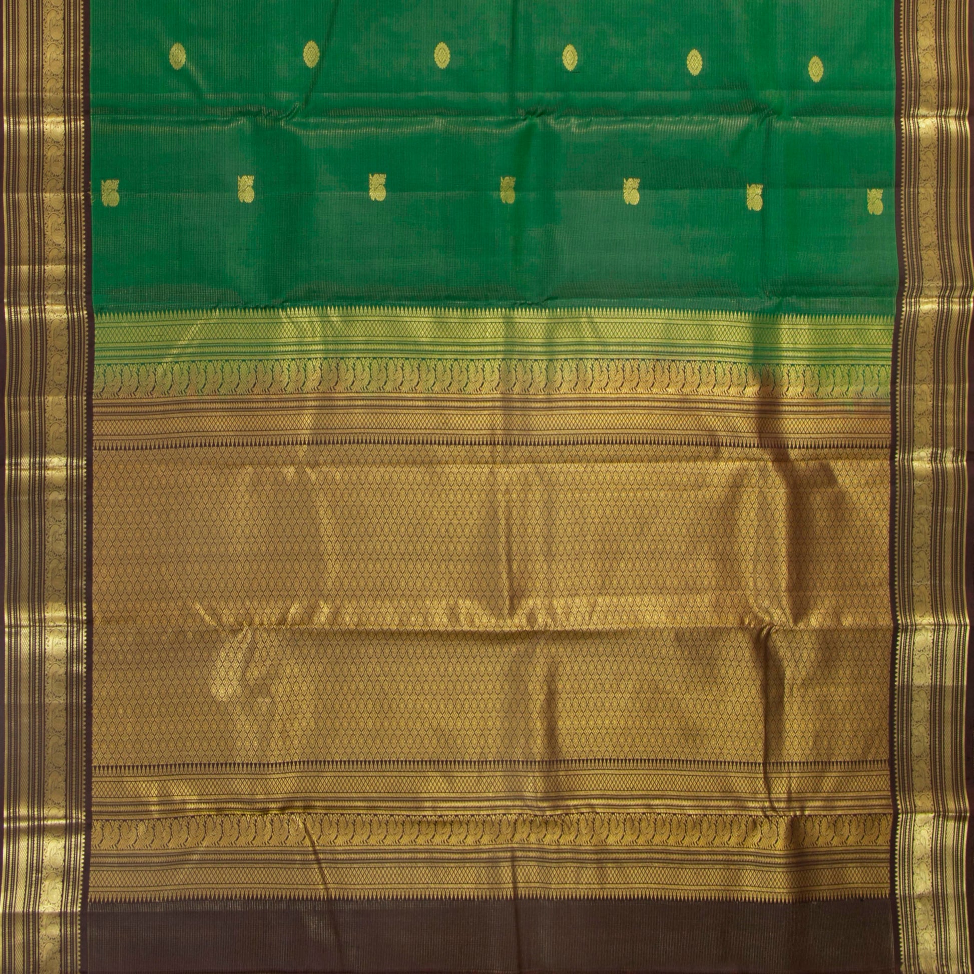 Green And Brown Kanchipuram Silk Saree With Zari Stripes For Wedding Wear PV MEN 198 - Silk Sari - Panjavarnam PV MEN 198