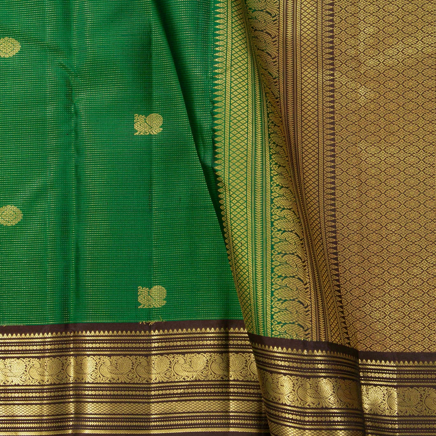 Green And Brown Kanchipuram Silk Saree With Zari Stripes For Wedding Wear PV MEN 198 - Silk Sari - Panjavarnam PV MEN 198