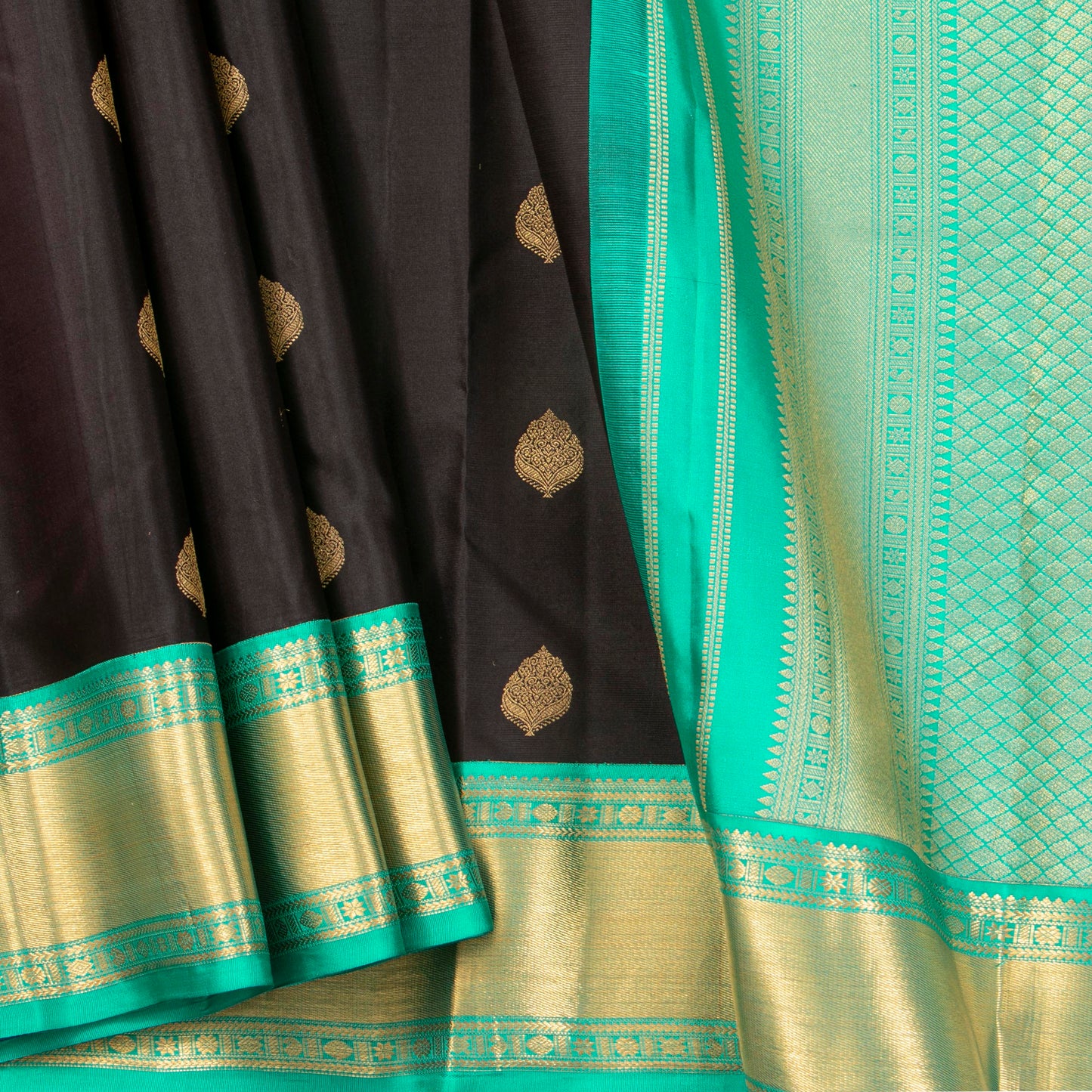Black And Turquoise Kanchipuram Silk Saree For Office Wear PV MEN 187 - Silk Sari - Panjavarnam PV MEN 187