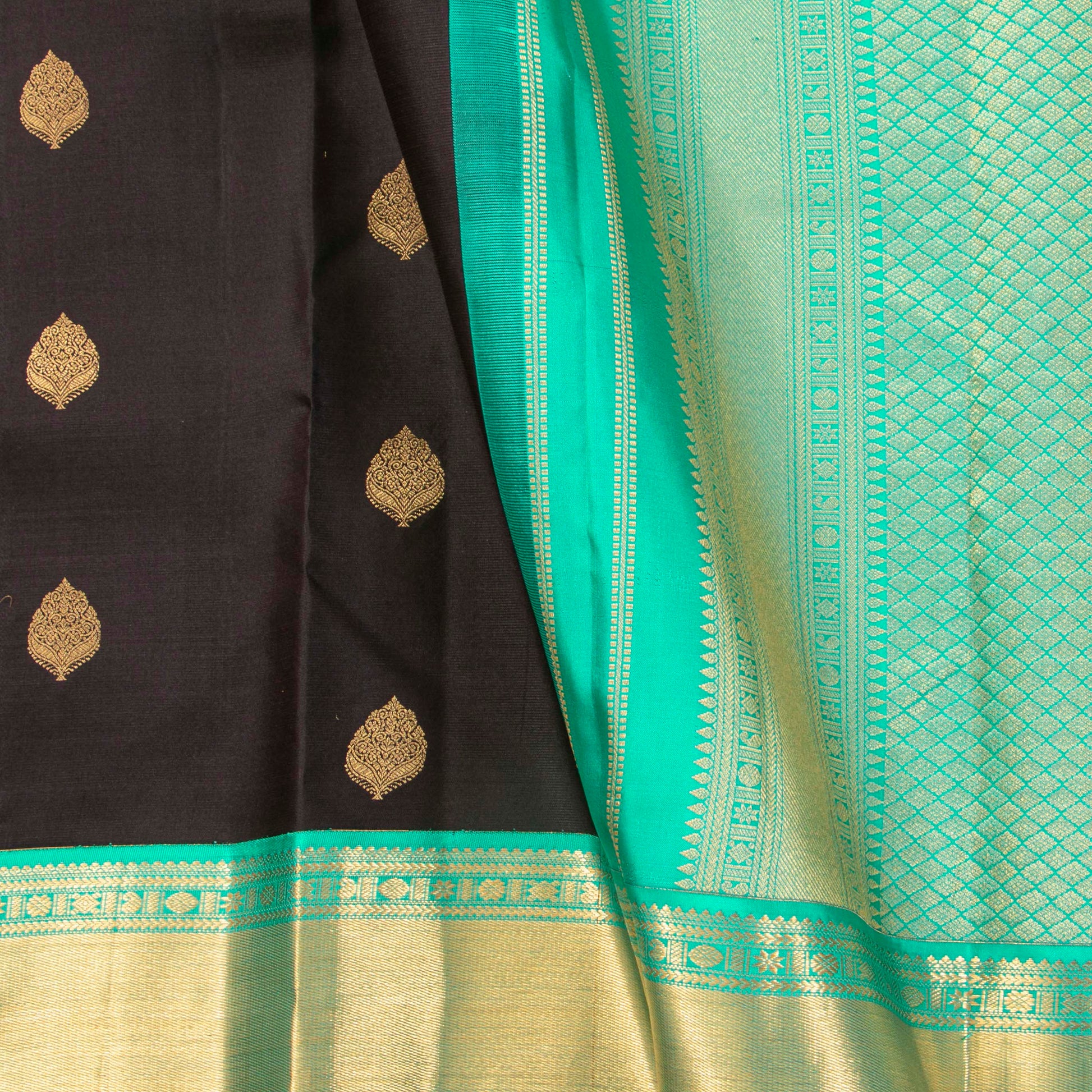 Black And Turquoise Kanchipuram Silk Saree For Office Wear PV MEN 187 - Silk Sari - Panjavarnam PV MEN 187