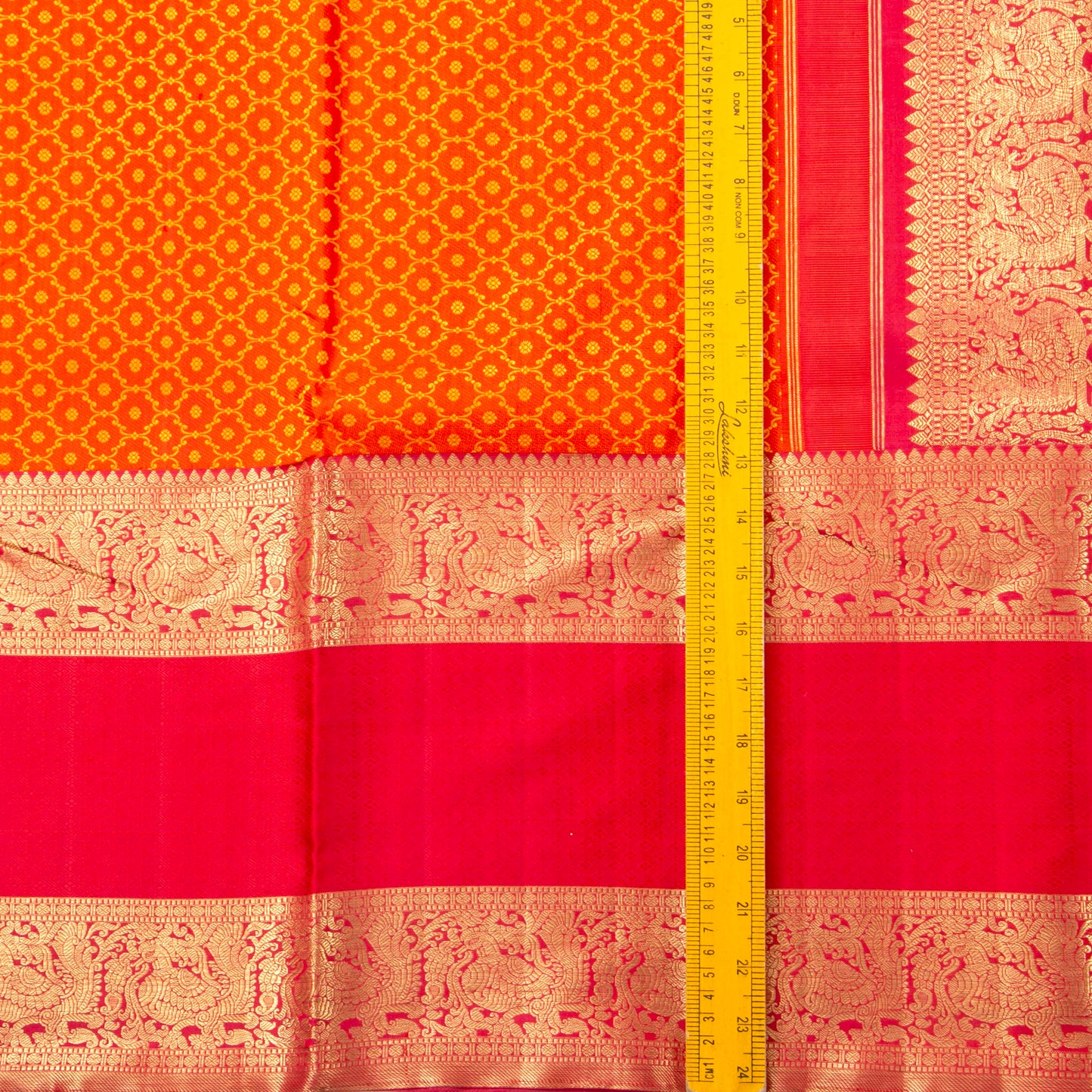 Orange And Red Kanchipuram Silk Saree With Morning Evening Border For Bridal Wear PV NYC 1342