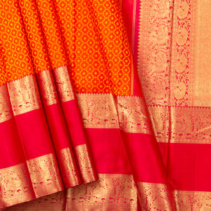 Orange And Red Kanchipuram Silk Saree With Morning Evening Border For Bridal Wear PV NYC 1342