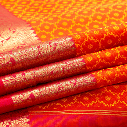 Orange And Red Kanchipuram Silk Saree With Morning Evening Border For Bridal Wear PV NYC 1342