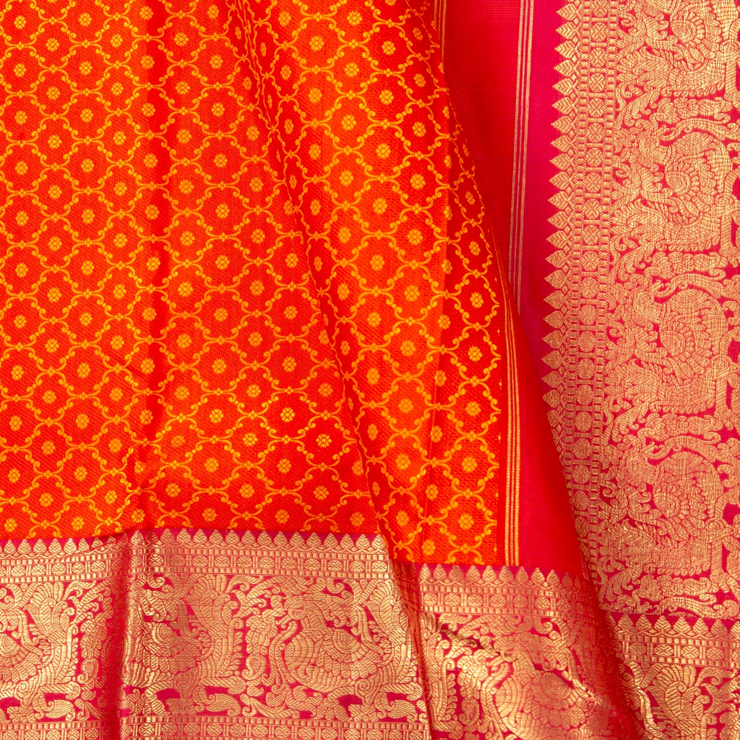 Orange And Red Kanchipuram Silk Saree With Morning Evening Border For Bridal Wear PV NYC 1342