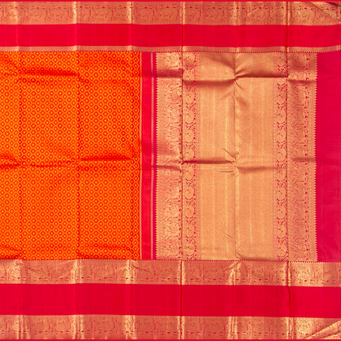 Orange And Red Kanchipuram Silk Saree With Morning Evening Border For Bridal Wear PV NYC 1342