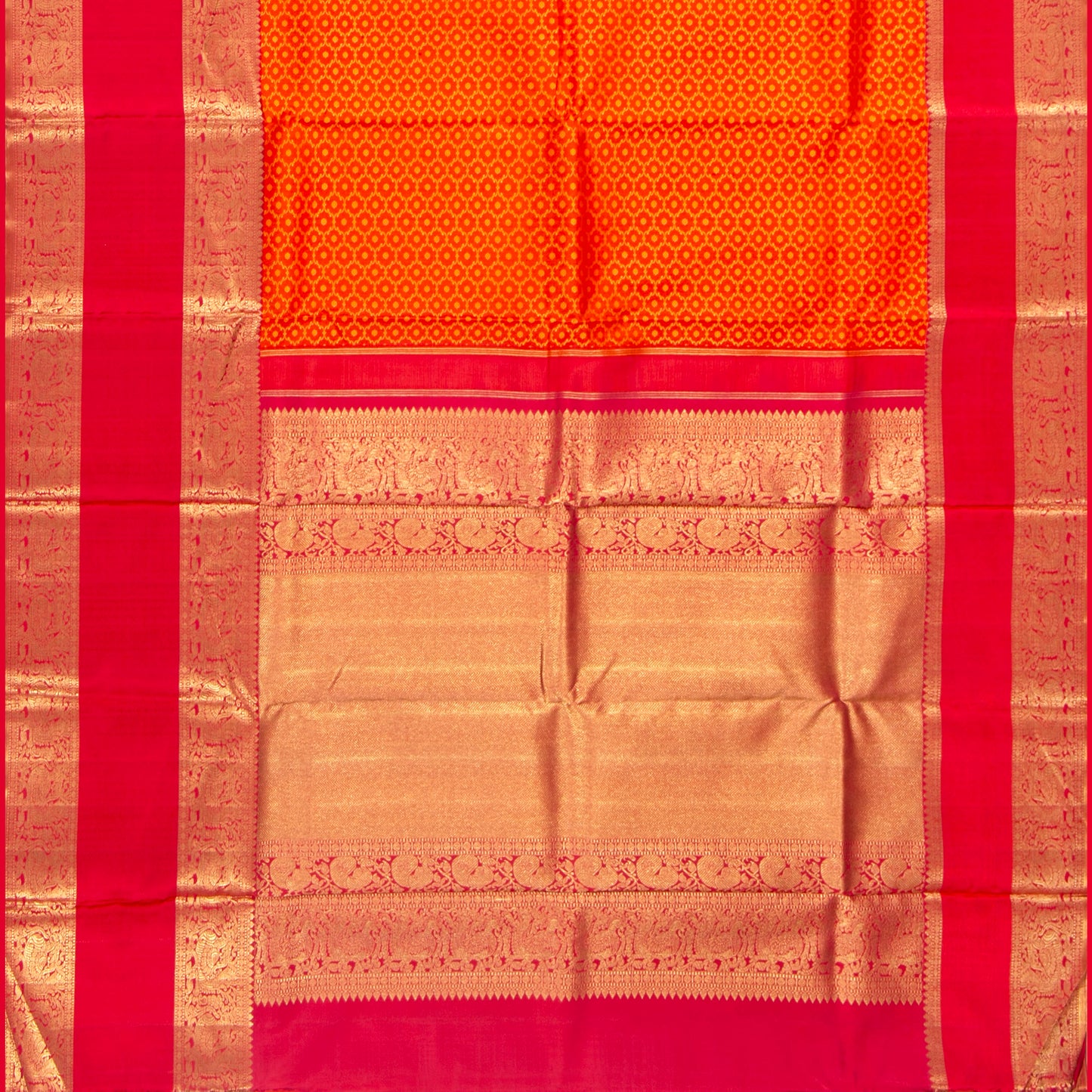 Orange And Red Kanchipuram Silk Saree With Morning Evening Border For Bridal Wear PV NYC 1342