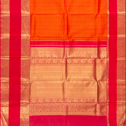 Orange And Red Kanchipuram Silk Saree With Morning Evening Border For Bridal Wear PV NYC 1342