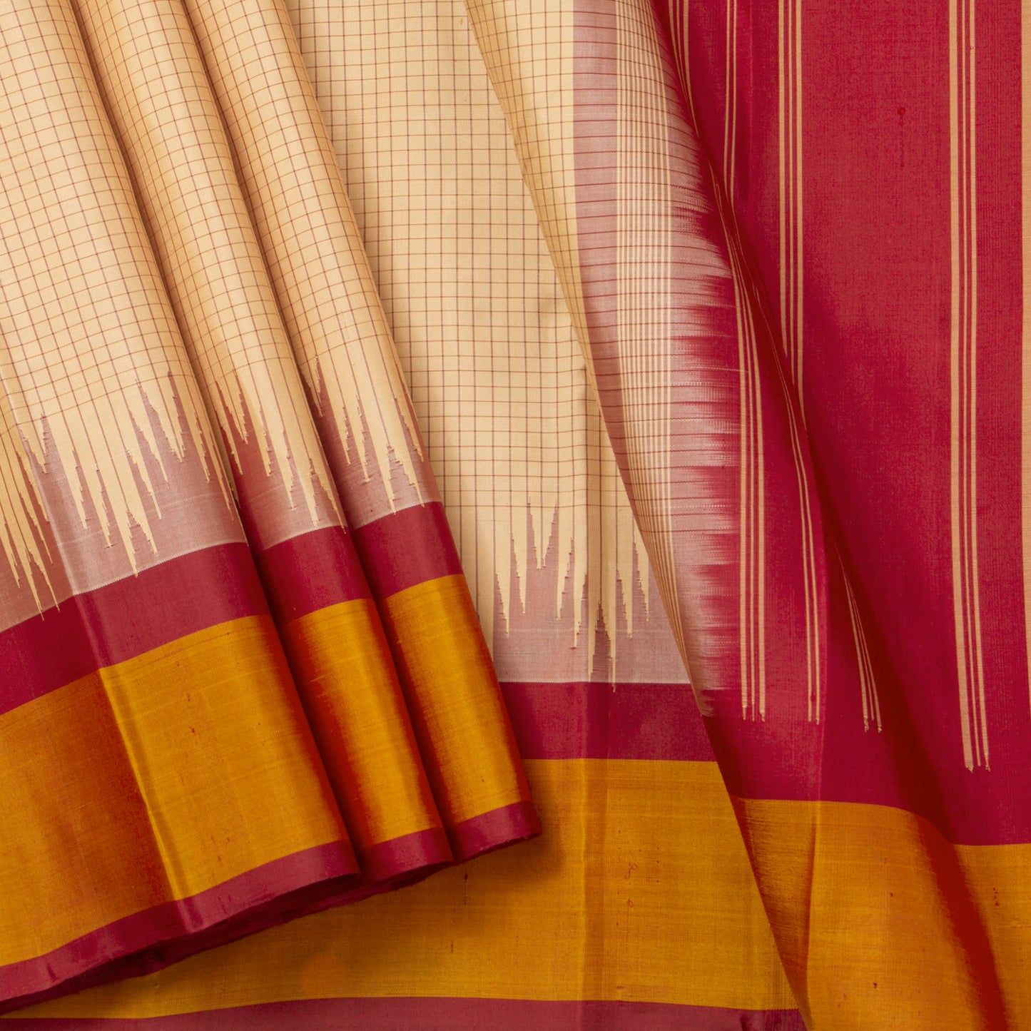 Beige And Maroon Kanchipuram Silk Saree With Temple Korvai Border For Festive Wear PV NYC 1332