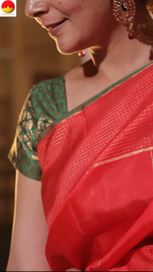 Red Kanchipuram Silk Saree With Medium Border Handwoven Pure Silk For Wedding Wear PV NYC 1155