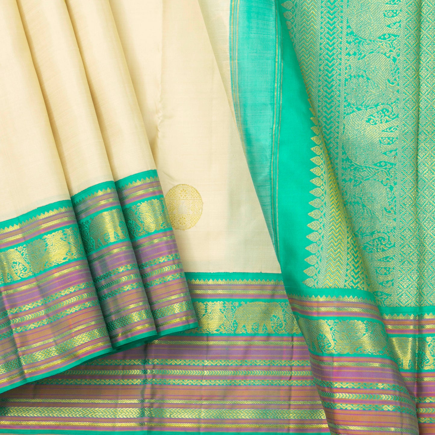 Beige And Turquoise Green Kanchipuram Silk Saree For Wedding Wear PV NYC 1280