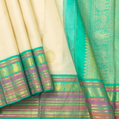 Beige And Turquoise Green Kanchipuram Silk Saree For Wedding Wear PV NYC 1280