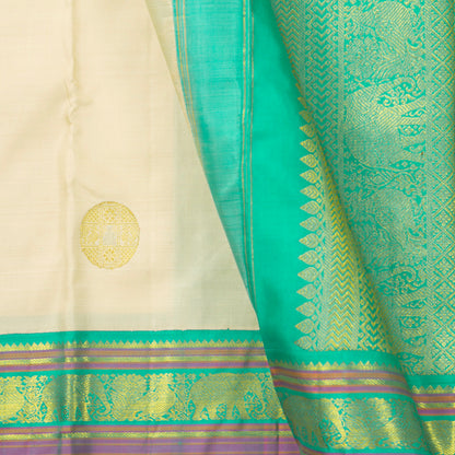 Beige And Turquoise Green Kanchipuram Silk Saree For Wedding Wear PV NYC 1280