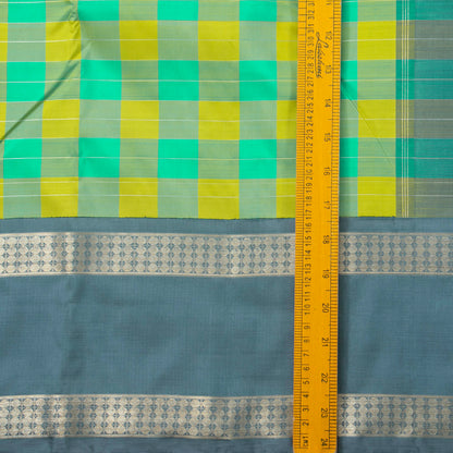 Lime Green And Turquoise Checked Kanchipuram Silk Saree With Silver Zari For Wedding Wear PV NYC 1286