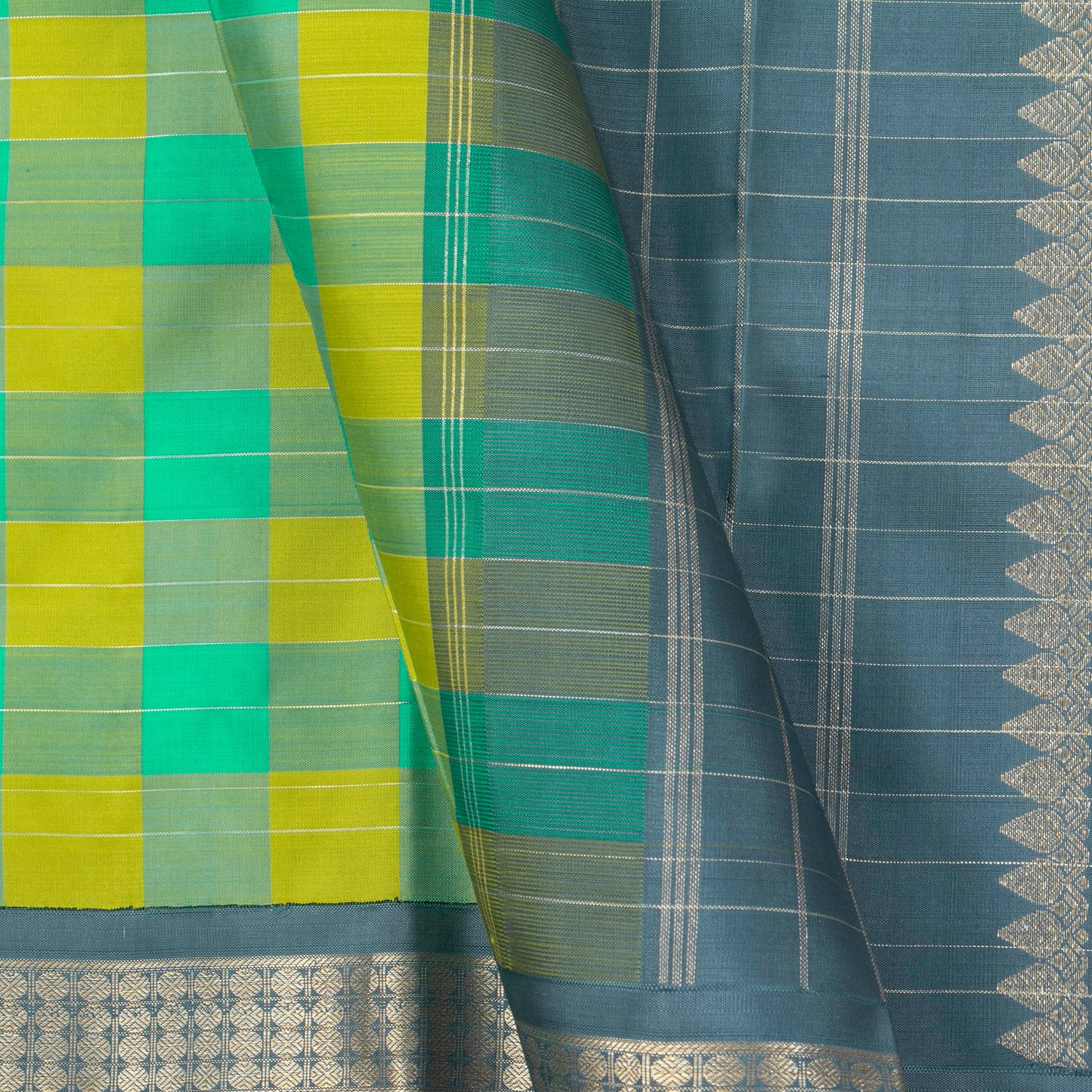 Lime Green And Turquoise Checked Kanchipuram Silk Saree With Silver Zari For Wedding Wear PV NYC 1286