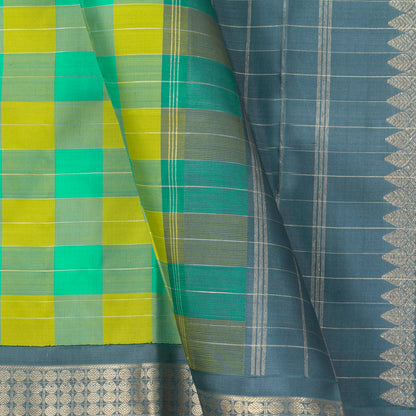 Lime Green And Turquoise Checked Kanchipuram Silk Saree With Silver Zari For Wedding Wear PV NYC 1286