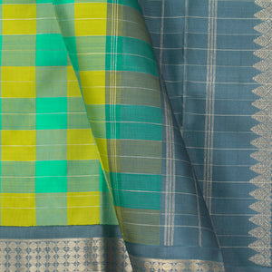 Lime Green And Turquoise Checked Kanchipuram Silk Saree With Silver Zari For Wedding Wear PV NYC 1286