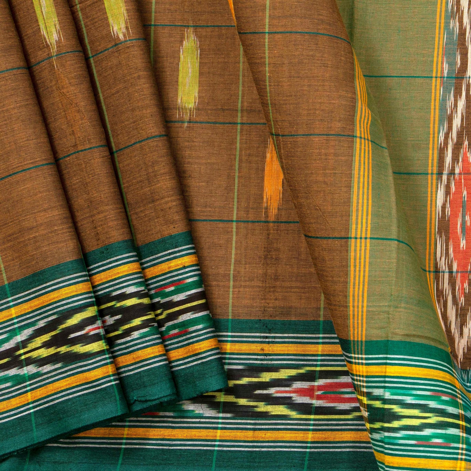Brown And Green Pochampally Ikkat Cotton Saree For Office Wear PV SC 209 - Cotton Saree - Panjavarnam PV SC 209