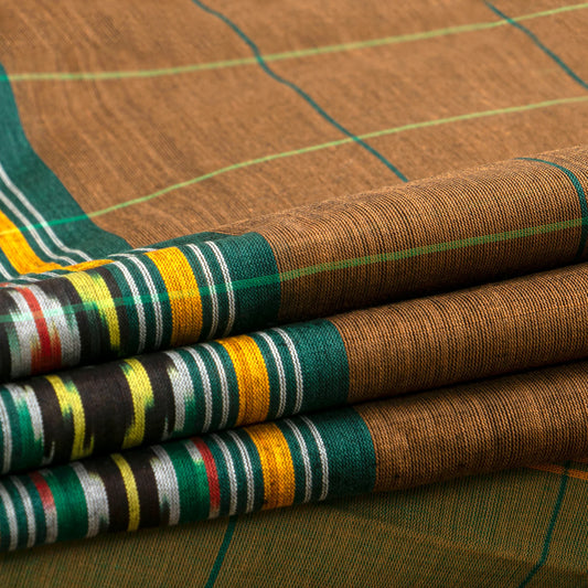 Brown And Green Pochampally Ikkat Cotton Saree For Office Wear PV SC 209