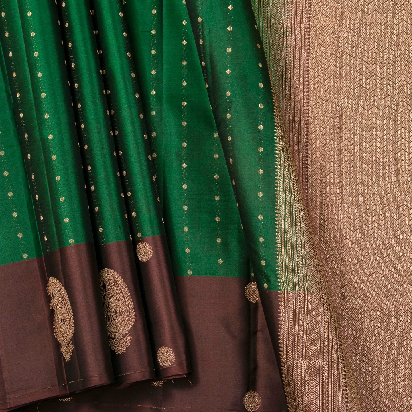 Emerald Green And Brown Kanchipuram Silk Saree For Festive Wear PV MEN 138
