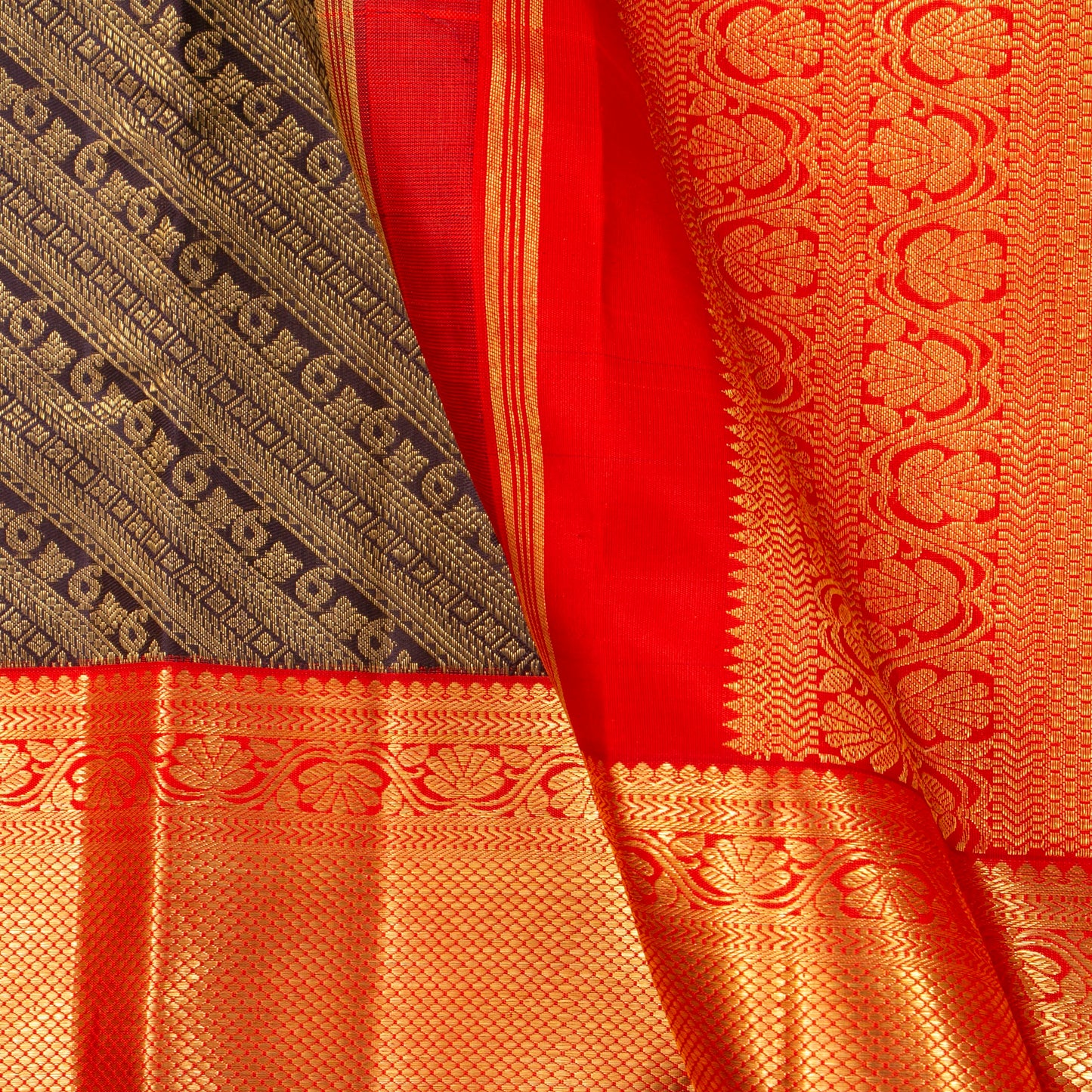 Dark Brown And Red Kanchipuram Silk Saree For Bridal Wear PV NYC 1388