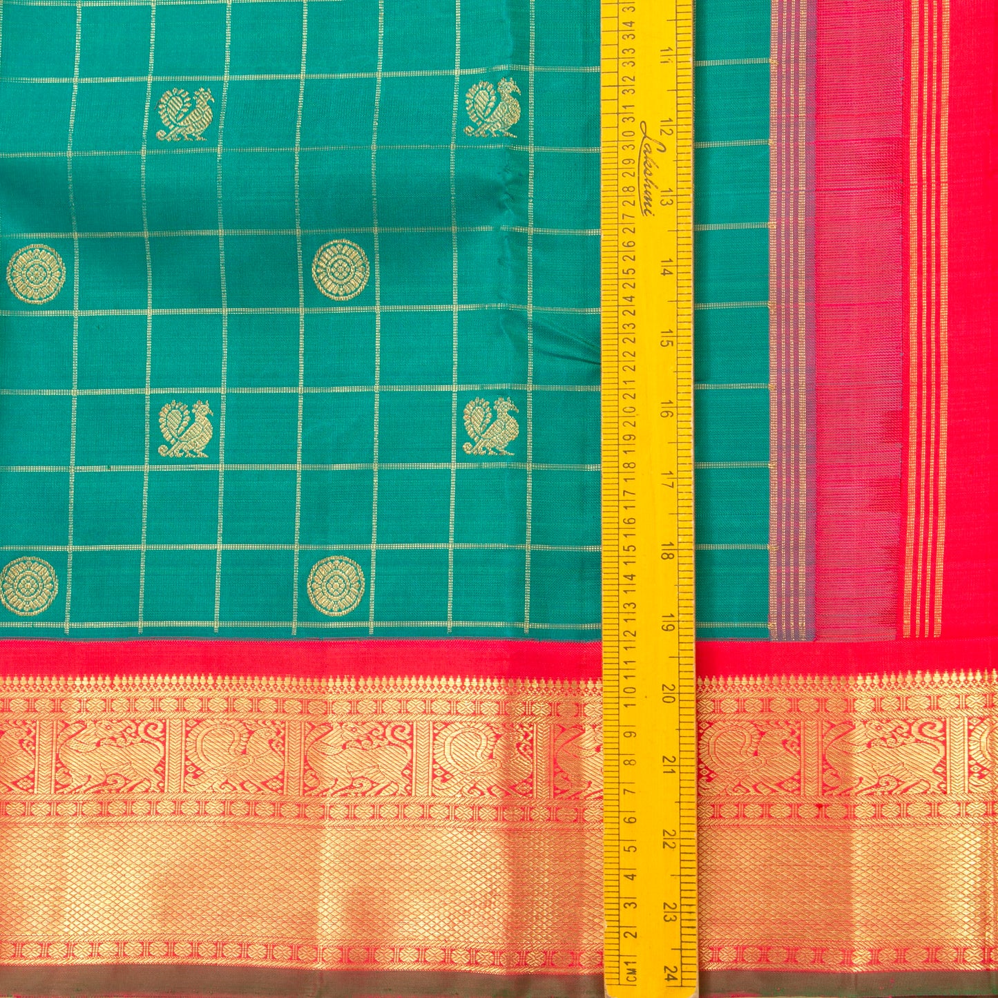 Turquoise Green And Red Kanchipuram Silk Saree With Korvai Contrast Border For Wedding Wear PV NYC 1268