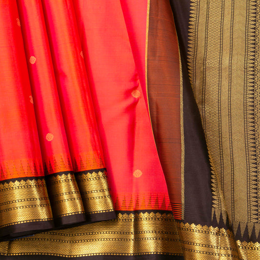 Red And Orange Dual Tone Kanchipuram Silk Saree With Temple Korvai Border For Festive Wear PV MEN 131