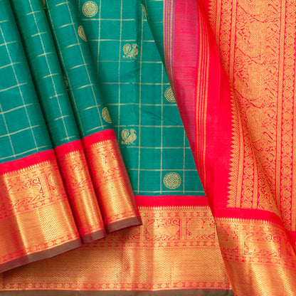 Turquoise Green And Red Kanchipuram Silk Saree With Korvai Contrast Border For Wedding Wear PV NYC 1268