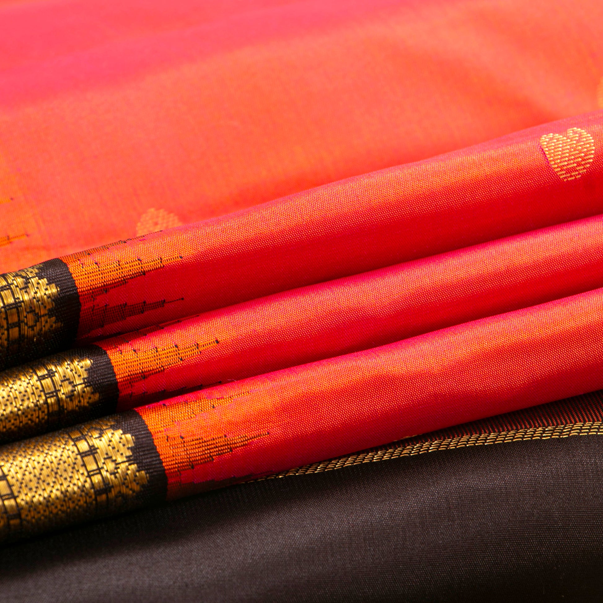 Red And Orange Dual Tone Kanchipuram Silk Saree With Temple Korvai Border For Festive Wear PV MEN 131 - Silk Sari - Panjavarnam PV MEN 131