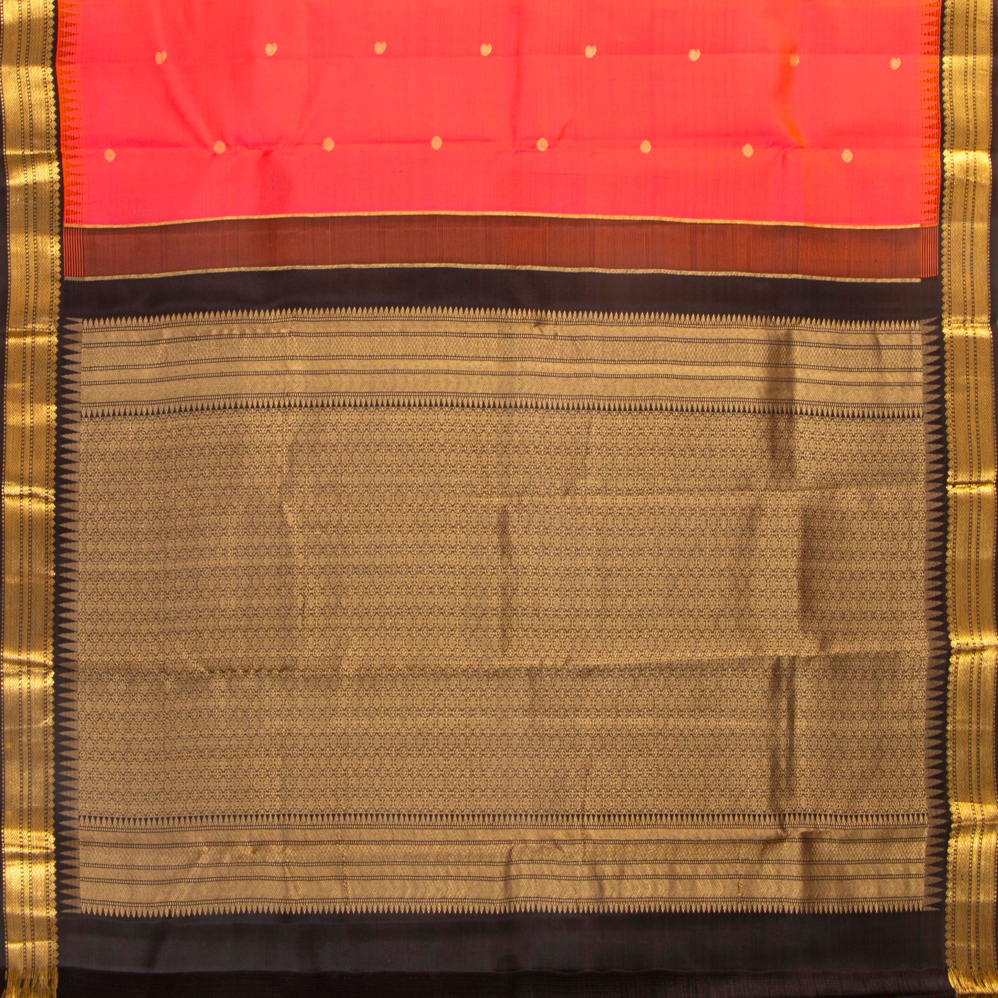 Red And Orange Dual Tone Kanchipuram Silk Saree With Temple Korvai Border For Festive Wear PV MEN 131 - Silk Sari - Panjavarnam PV MEN 131