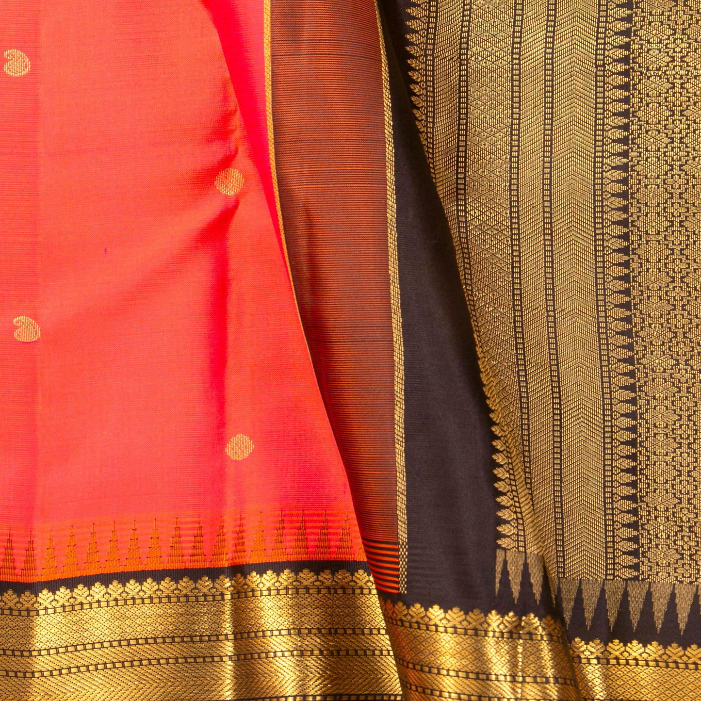 Red And Orange Dual Tone Kanchipuram Silk Saree With Temple Korvai Border For Festive Wear PV MEN 131 - Silk Sari - Panjavarnam PV MEN 131