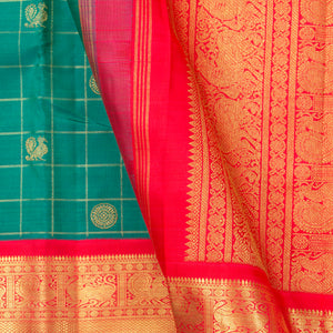 Turquoise Green And Red Kanchipuram Silk Saree With Korvai Contrast Border For Wedding Wear PV NYC 1268